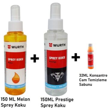 Würth Sprey Araç Kokusu Set - 1 Adet 150 ml Melon Sprey Koku + 1 Adet 150 ml Prestige Sprey Koku ve 32 ml Konsantre Cam Temizeleme Sabunu