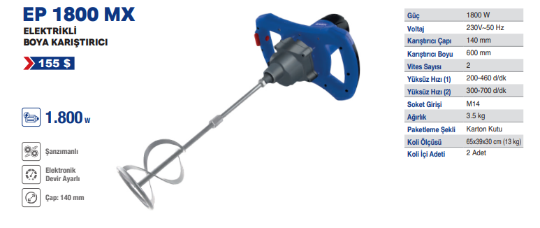 EXEN  EP 1800 MX - 1800W 140mm Elektrikli Boya Karıştırıcı Makina