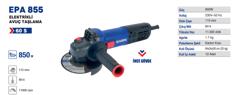 EXEN EPA 855 -115mm 850W Elektrikli Avuç Taşlama