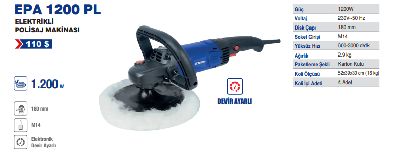 EXEN EPA 1200 PL -180mm 1200W Elektrikli D.Ayarlı Polisaj Makinası